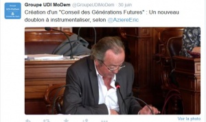 Capture d'écran du tweet du Groupe UDI à propos du Conseil des générations futures lors du Conseil de Paris