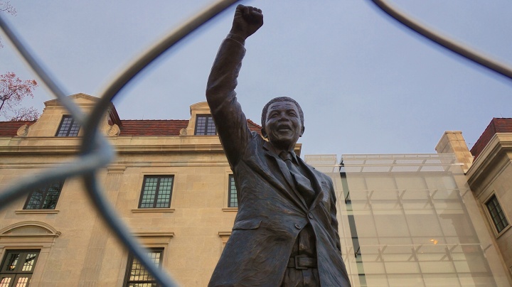 Nelson Mandela Statue, in front of South African Embassy under construction, Washington, DC USA - Taken on World AIDS Day 2013