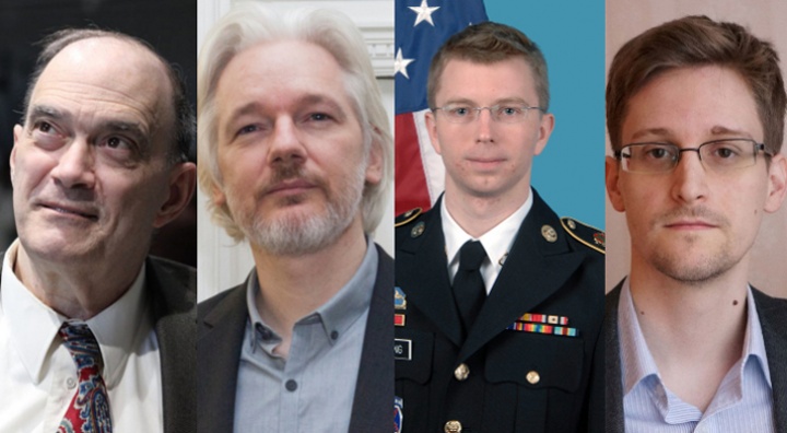 De gauche à droite : Bill Binney, Julian Assange, Bradley Manning et Edward Snowden